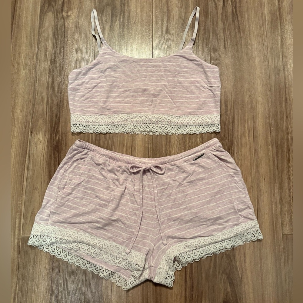 La Vie En Rose Pink Lace Trim Pajama Set